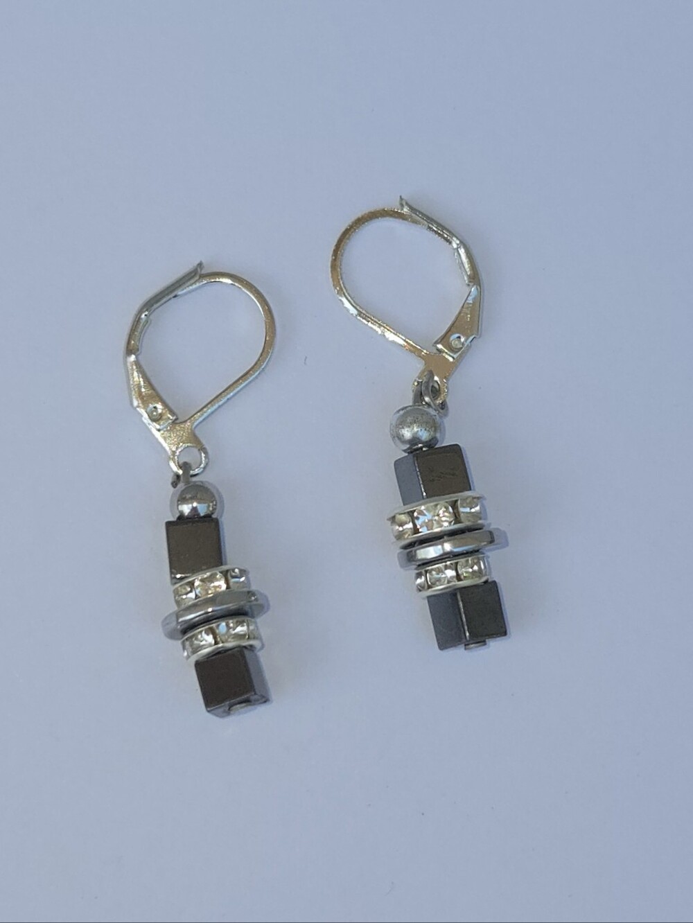 Sterling Silver-Tone Hematite Drop Earrings with Crystal Accents